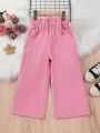 Toddler Girls' Summer Vacation Casual Wide Leg Jeans With High Waisted Pink Flower Detail