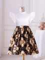 SHEIN Kids Cooltwn Tween Girls' Daily Casual Short Sleeve Top And Baroque & Chain Print Skirt Set