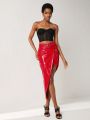 ISELACOS SHEIN X ISELACOS Asymmetric PU Leather Ruffle Skirt  Overlay Asymmetric Leather Skirt.