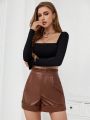 SHEIN Privé Paper Bag Waist Pu Leather Shorts