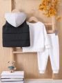 Infant Solid Color Hooded Vest, Sweater And Pants Set