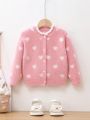 Young Girl Heart Pattern Frill Trim Fuzzy Cardigan