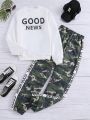 Teen Girls' Letter Printed Hoodie And Camouflage Pants Set