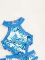 Girls Tropical Print Cut Out One Piece Swimsuit With Beach Skirt