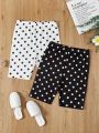 SHEIN Kids EVRYDAY Teen Girls' Knitted Solid Color Polka Dot Print Shorts Set