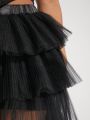 Luxe High Low Hem Mesh Overlay High Low Tulle Skirt