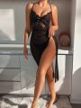 Women's Sexy Lace Patchwork Backless Tie-Up Lingerie Dress With T-Back Thong