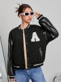 Teen Girl Letter Patched Striped Trim Drop Shoulder Varsity Jacket