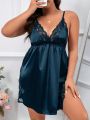 Plus Size Sexy Lingerie Dress With Slit Hem And Lace Splice Cami Strap Nightgown