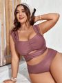 SHEIN Swim Vcay Plus Size Crossed Hem Wide Strap Top And High Waisted Triangle Bikini Bottom Set