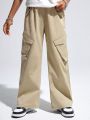 SHEIN Tween Boys' Loose Casual Woven Solid Color Wide-Leg Cargo Trousers