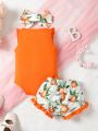 3pcs/Set Baby Girls' Summer Cute Casual Sleeveless Round Collar Frilled Hem Letter Print Bodysuit With Orange Pattern Shorts And Headband Outfits