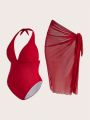 SHEIN Swim Basics Plus Size Women's Halterneck Strap 2pcs Swimsuit