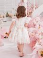 Baby Girls' Rose Printed Princess Dress With Ruffle Sleeve And Tulle Skirt