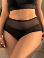 Plus Size High Waist Mesh Insert Triangle Panties