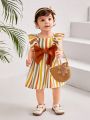 SHEIN Baby Girls' Casual Striped Pattern Dress With Bowknot & Ruffle Hem Design