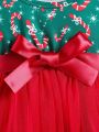 Baby Girl Christmas Print Bow Front Mesh Hem Dress With Headband