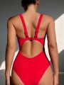 SHEIN Swim Basics Knot Front Cut-out One Piece Swimsuit