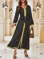 Women's Gold Foil Polka Dot Patchwork Tape Long Sleeve Dress