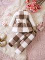 Baby Girl Buffalo Plaid Print Belted Teddy Coat & Pants Without Tee