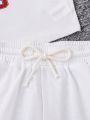 SHEIN Teen Girls' Knitted Letter Print Vest And Shorts Set