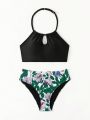 Teen Girls' Halter Top And Plant Printed Bikini Set