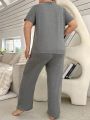 Plus Size Short Sleeve Text Pattern Casual Home Sleepwear Set