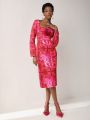 Eva Novielli 3d Floral Decorated Long Sleeve Dress