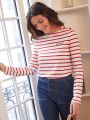 SHEIN Frenchy Women's Striped T-shirt With Letter Print, Button Detail