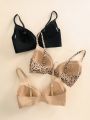 2pcs Solid Bra & 1pc Leopard Print Bra