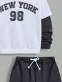 SHEIN Kids Cooltwn Boys' Casual Hoodie And Solid Shorts Knitwear Set, With Letter Printed Pattern, For Older Children