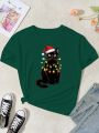 Girls' Christmas Cat Printed Round Neck T-shirt