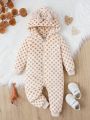 Baby Girl Polka Dot Print Hooded Zipper Front Flannel Jumpsuit