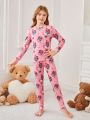 SHEIN Kids Nujoom Girls' (Big) Heart & Floral Patterned Long Sleeve Homewear Set