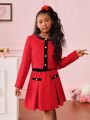 SHEIN Kids Cooltwn Girls' Fashionable Knitted Color Block -inspired Dress Suit