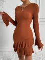 SHEIN Essnce Women's Solid Color Ruffle Sleeve Dress