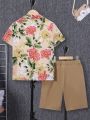 SHEIN Kids SUNSHNE Boys' Casual Comfortable Floral Print Button-Down Shirt And Solid Color Shorts Set