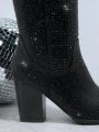 Faux Leather Pointy Toe Block Heel Boots