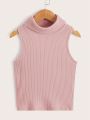 SHEIN Kids EVRYDAY 3pcs Knitted Ribbed Turtleneck Tank Tops For Tween Girls, Casual