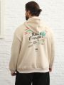 Extended Sizes Men Plus Slogan & Cartoon Graphic Drop Shoulder Drawstring Hoodie