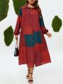 Plus Size Lantern Sleeve Contrast Color Shirt Dress