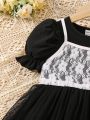 SHEIN Kids FANZEY Young Girl's Lace Camisole Top And Short Puff Sleeve Mesh Dress 2pcs/Set