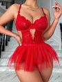 Women's Hollow Out Perspective Lace Strap Jumpsuit And Mini Mesh Skirt Valentine's Sexy Lingerie Set