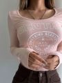 Dazy Star Women's Curve Hem T-shirt With Letter Print