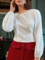 SHEIN Frenchy Lace Decor Fluffly Brushed Top