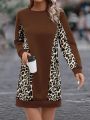 Leopard Patchwork Fleece Hooded Sweatshirt Dress