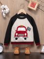 SHEIN Kids QTFun Young Boy Car Pattern Raglan Sleeve Striped Trim Sweater