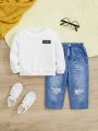 SHEIN Infant Unisex Casual Solid Color Long Sleeve Sweatshirt And Elastic Waist Jeans Styled Trousers Set