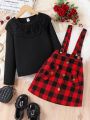 SHEIN Kids Nujoom Girls' Lace Black T-Shirt & Red Plaid Suspenders Skirt Set, Spring