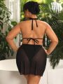 SHEIN Swim Basics Plus Size Women's Halterneck Ruched Bathing Suit 3pc Set